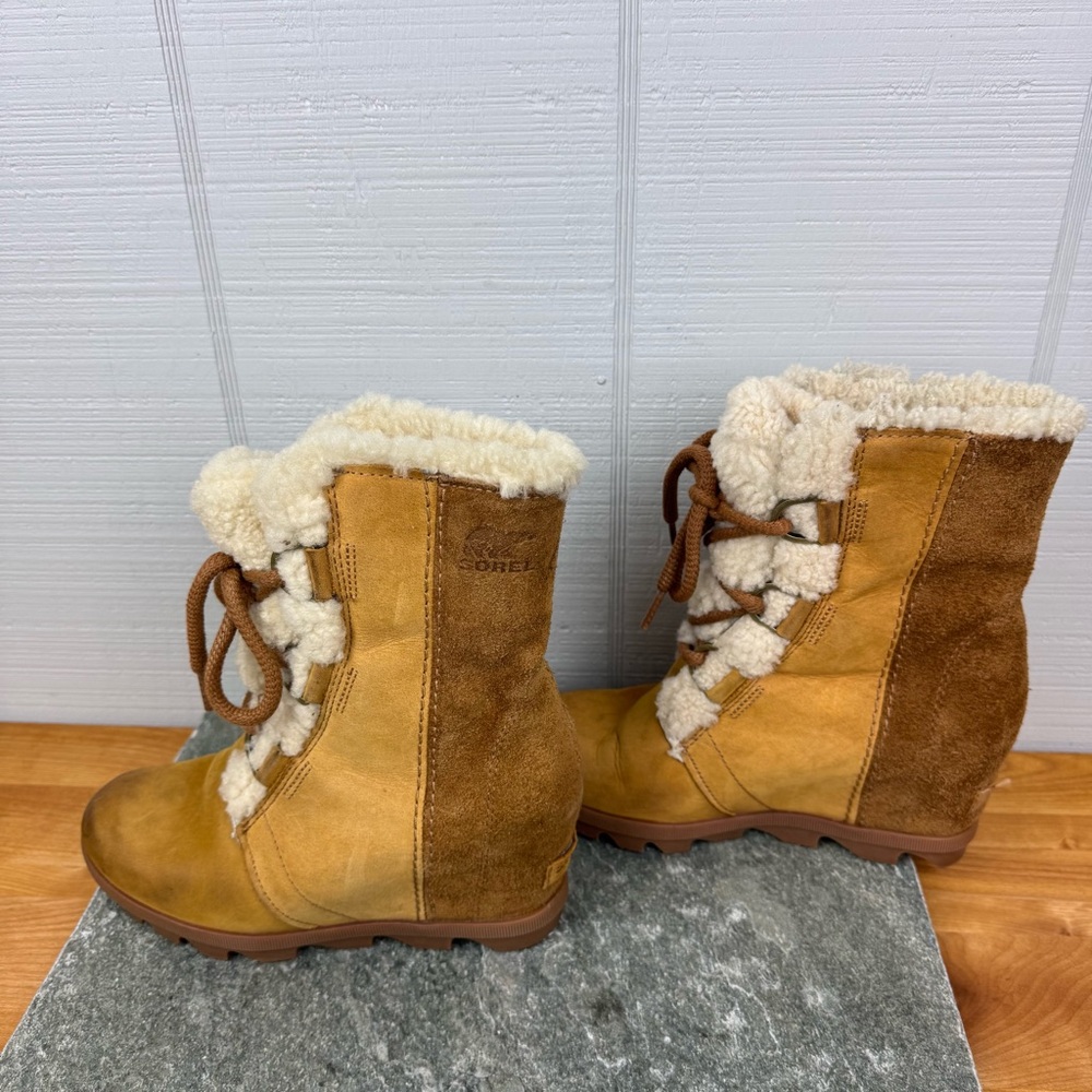 Sorel Joan of Arctic Wedge II Shearling Lined Heeled Boots Camel Lace Up Leather - Picture 5 of 9